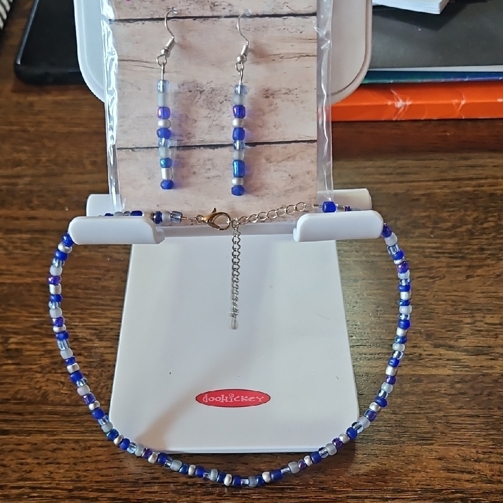 Handmade Blue and White Beaded Jewelry Set
